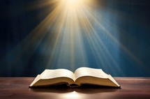 Open bible on wooden table over dark blue background with rays of light