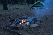 Campfire and tent at a campsite in the forest