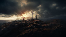 Three crosses under a dark sky.