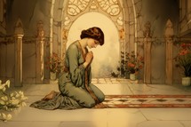 Illustration of a beautiful woman praying in a green dress sitting on the floor
