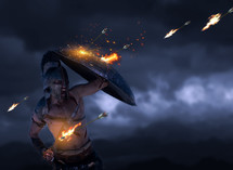 warrior fending off flaming arrows with a shield 