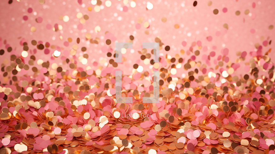 Falling gold confetti on pink background.