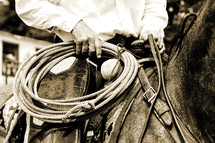 An authentic working cowboy is riding and preparing to use his rope during the course of his job - sepia tint added for vintage look and feel.  This image conveys old fashioned values, tradition, work ethic, and/or rural demographics.