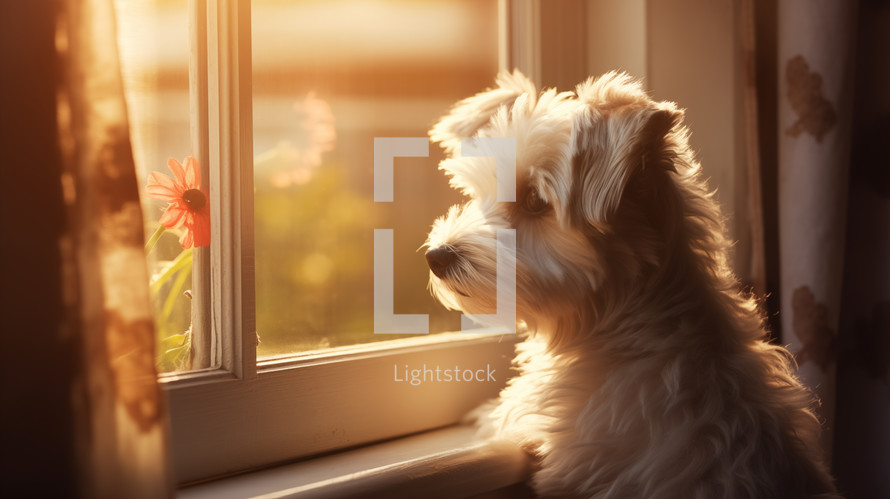 Cute dog looking out the window at sunrise. 