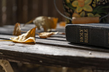 The Bible on a rustic table with Autumn leaves