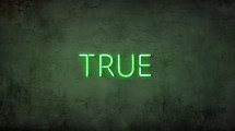 A neon sign with the word "true" on a grunge background. 
