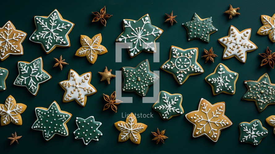 Christmas cookies on green background. 