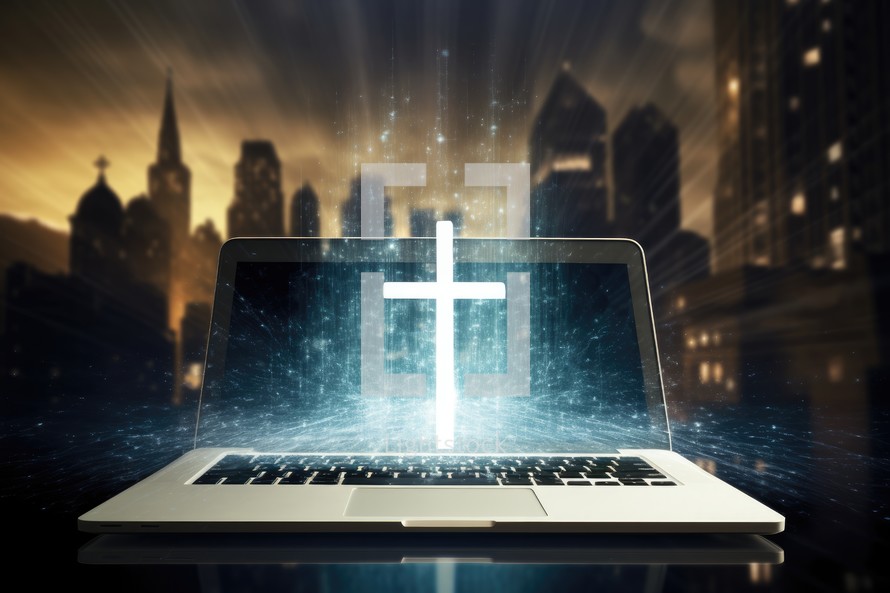 Faith at the Digital Age. Laptop with glowing christian cross on blurry city background 3D rendering