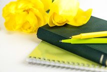 yellow flowers on a Bible, pen, journal, spring Bible study 