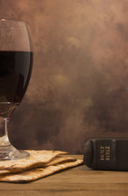 communion wine glass and unleavened bread with Bible 