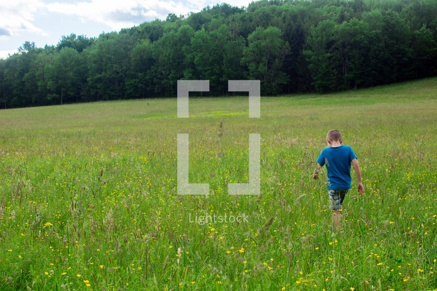 a boy child walking through a field of tall grass 