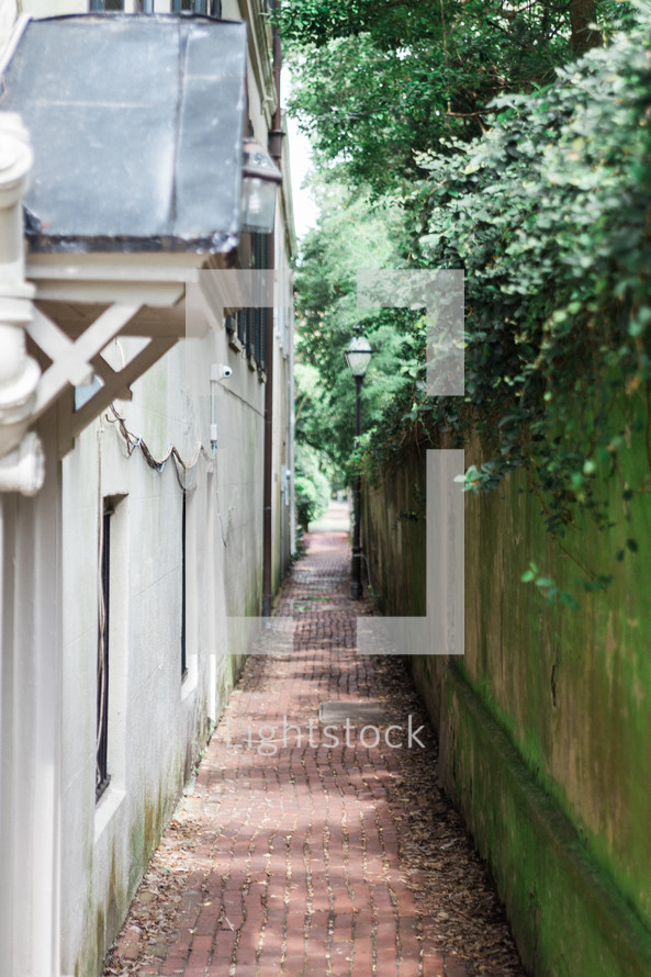 brick sidewalk in an alley 