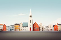 Cityscape with red houses and church