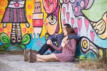 a couple sitting on the ground in front of a wall of street art 