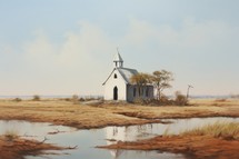 Church in the prairie. Digital painting of a rural landscape.