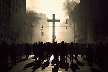 People gathering around a cross in a busy street