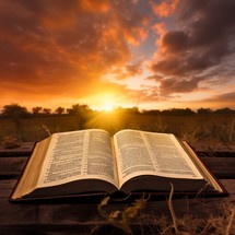 An open Bible rests on a wooden bench, basking in the warm hues of the setting sun, offering a sanctuary for spiritual reflection