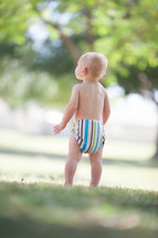 toddler boy standing in the grass 