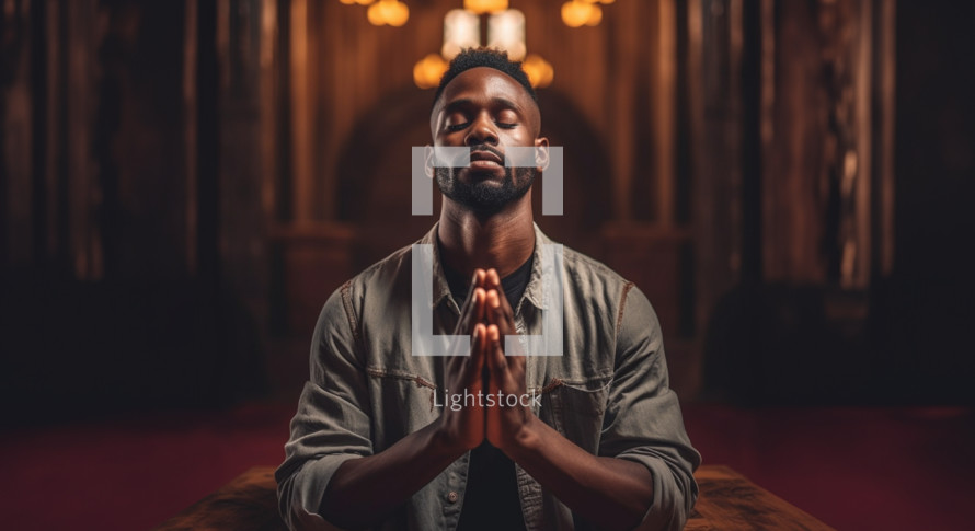 Black man praying in church