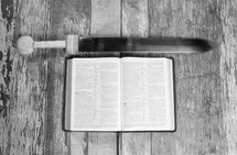 sword and pages of a Bible 