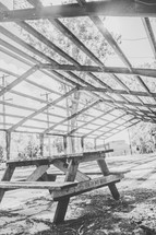 picnic table and abandoned structure 