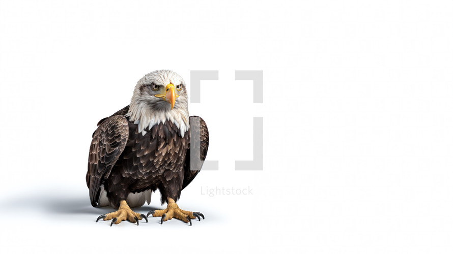 A bald eagle sitting on the ground against a white background looking straight