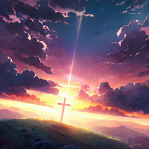 Light radiating on a cross on a hill