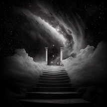 Stairs and columns in clouds and space
