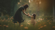 Mother and Daughter in Field of Flowers