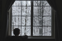 a boy watching snow out a window 