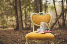 chair, books, and mug in a forest 