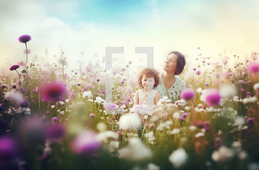Mom and Daughter in Field of Flowers