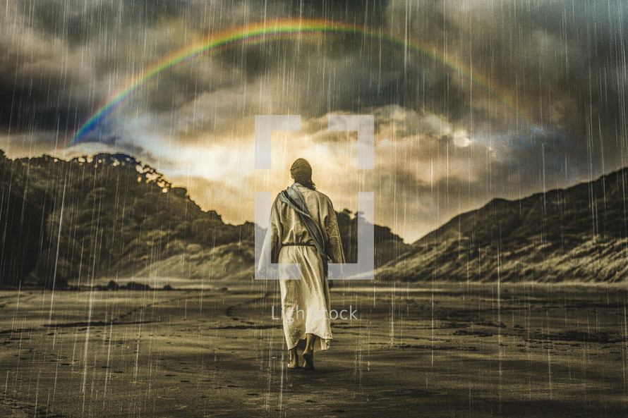 Jesus walking through a rainstorm toward a rainbow.