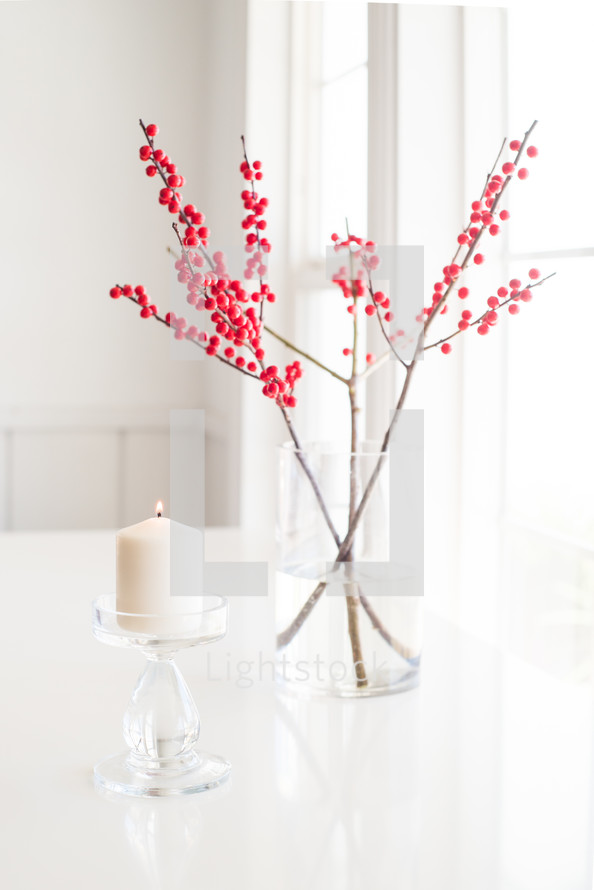 red berries on branches in a vase by a window 