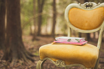 books on a yellow chair in a forest 