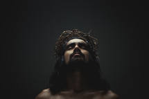 Jesus looking up to Heaven with his eyes closed and a crown of thorns on his head.