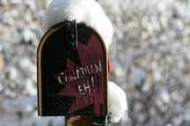 Red mailbox in the snow with "Canadian Eh!" written on front.