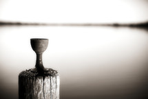 With the view of a lake in the background, a chalice sits on a dock.