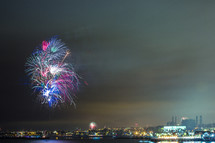 fireworks bursting over a city