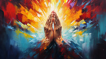 Colorful praying hands in oil paint. 
