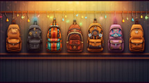 colorful school backpacks hanging on the wall