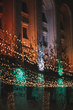 Illuminated building and Christmas decorations