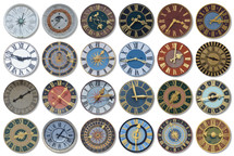 collection of multicolored ancient church tower clocks in different sizes and forms with roman numbers in regular rows on white background