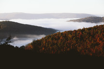 fog in a valley and fall forest on a mountain 