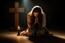 Woman praying in front of a wooden cross in a dark room.