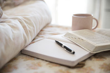 bed, journal, pen, open Bible, pages, Bible, floral, fabric