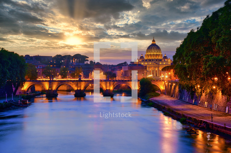 St Peter Cathedral, Rome, Italy. Sunset light with cloudy sky