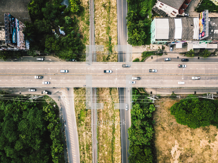 aerial view over a highway overpass 