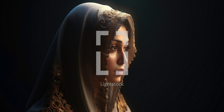 Portrait of the Mother Mary with a veil. Dark background.
