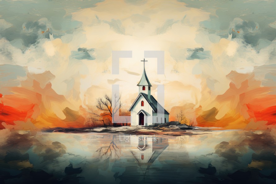 Church on the lake at sunset. Watercolor painting. Vector illustration.